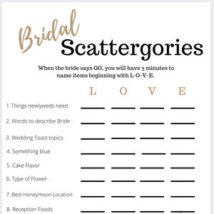 Bridal Scattergories, Bridal Shower games, Shower games