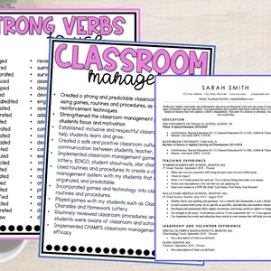 以下が含まれることがあります： ピンクと黒のカラーテーマの履歴書テンプレート。履歴書は教師用で、教育、指導経験、リーダーシップ、ボランティア経験のセクションが含まれています。履歴書には、「強い動詞」と「教室管理」というテキストが含まれています。