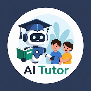 May include: A circular graphic with a white robot in a graduation cap, holding a green book, and two children. The text "AI Tutor" is at the bottom. The background is light blue with leaf shapes.