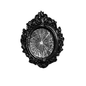 May include: Black oval-shaped decorative mirror with an ornate frame. The mirror's surface features a spiderweb design. The letter "A" is in the bottom right corner. The mirror is likely for Halloween or gothic decor.