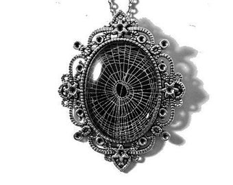 Spider Web Preserved in 40mm x 30mm Oval Glass 2-2.25 Inch Pendants 24 Inch Necklace