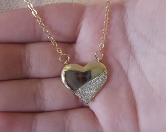 18k Laminated Gold Heart Necklace: Cubic Zirconia, 20 inch Chain