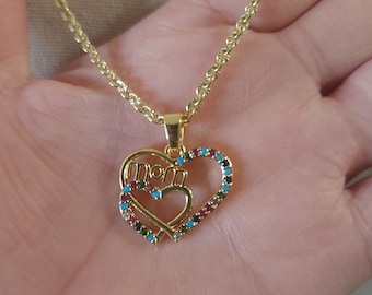 Mom Heart Necklace: 14K Gold Plated, Cubic Zirconia