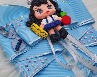Back to School Hair Bow: Blue Ribbon, Handmade Clay Schoolgirl