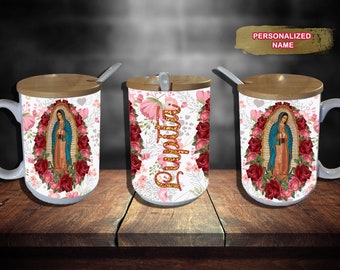 Taza personalizada de la Virgen de Guadalupe: regalo católico con tapa y cuchara