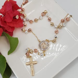 Virgen de Guadalupe Rosary: Tri-Color Gold Plated Rosario