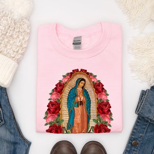 Virgen de Guadalupe Sweatshirt: Pink Catholic Graphic Tee