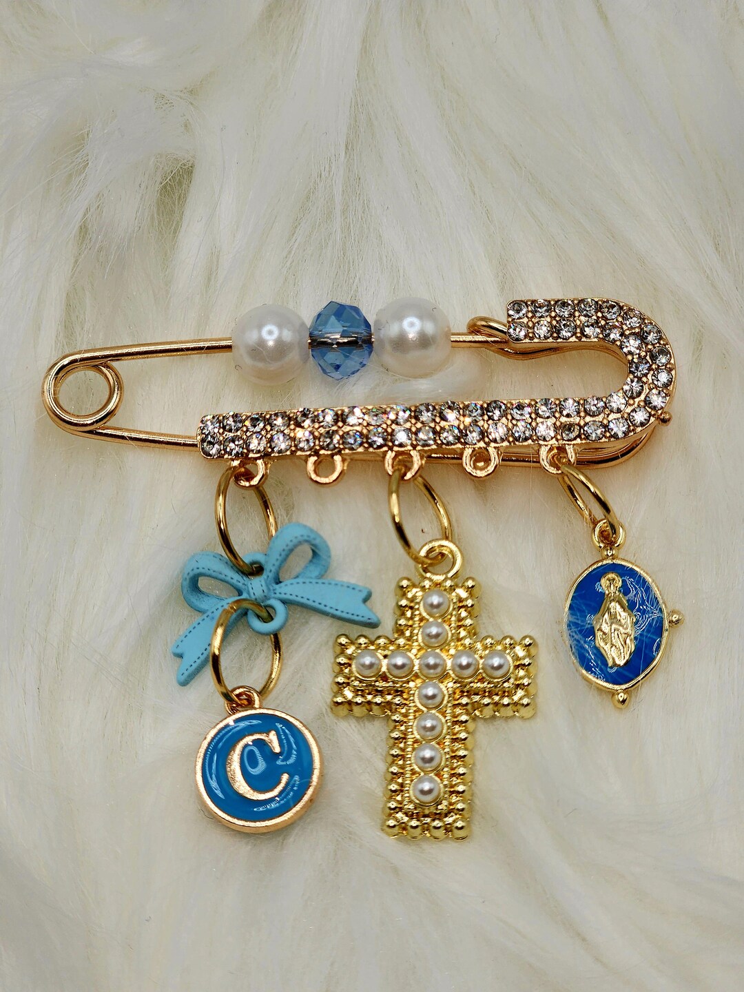 Personalized Baptism Pin: Rhinestone Initial, Cross & Virgin Mary Charm ...