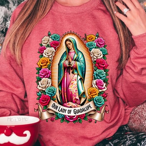 Virgen de Guadalupe Sweatshirt: Red Heather Catholic Gift