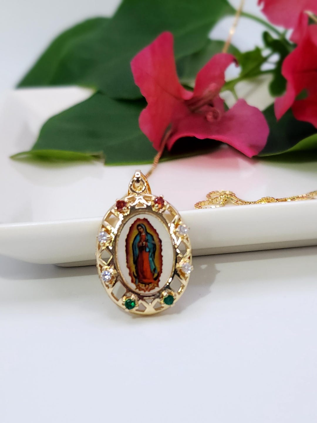 Our Lady of Guadalupe Necklace: 18K Gold Pendant, Cubic Zirconia - Etsy