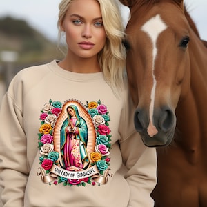 Virgen de Guadalupe Sweatshirt: Sand Woman Graphic Print