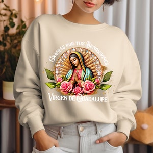 Virgen de Guadalupe Sweatshirt: Sand Graphic Print, Catholic Gift
