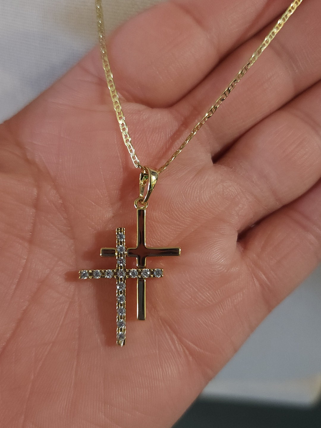 Jesus Double Cross Necklace - 14k Gold Plated Christian Jewelry, Faith ...