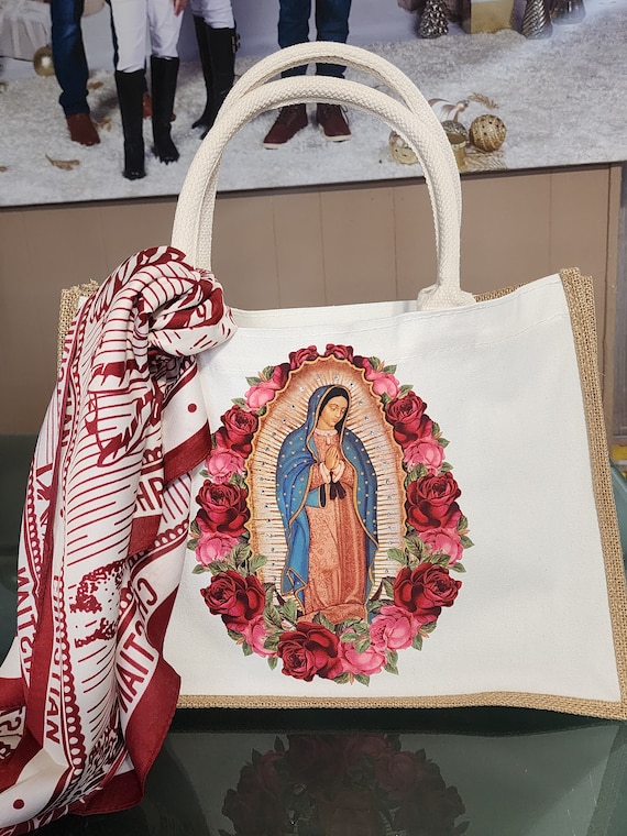 Virgen De Guadalupe Burlap Tote Bag Our Lady of Guadalupe