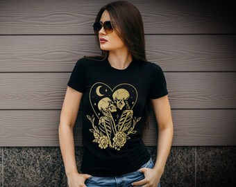 Camiseta de esqueletos: camiseta negra de Halloween con diseño dorado