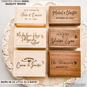 May include: Six wooden boxes with engraved text. The boxes are made of light and dark wood. The text on the boxes includes names, dates, and phrases like "Our Wedding", "Our Baby", and "The Pearson's Memories".