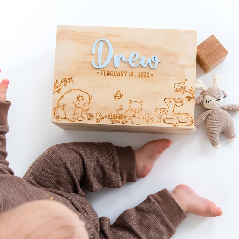 Baby Keepsake Box, Wooden Baby Memory Box Woodland Animals Theme