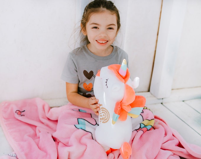 Unicorn Plush & Blanket Custom Gift for toddler girl, Personalized Unicorn Plushie + Unicorn Blanket, Rainbow Unicorn Birthday Gift for Girl