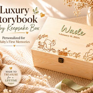 May include: A rectangular light-colored wooden keepsake box featuring a metal latch and engraved illustrations of a bear and a small animal. The lid displays the name Wade and the date January 19, 2023, in dark lettering with a green accent.