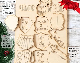 May include: Wooden cutout puzzle of the Armor of God, with each piece labeled with a different part of the armor, such as helmet of salvation, breastplate of righteousness, and sword of the spirit. The text "Eph. 6:10-18" is at the bottom of the puzzle.