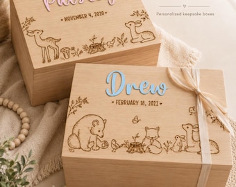 Baby Keepsake Box Woodland Animals Baby Memory Box, Personalized Baby Box, Woodland Baby Gift,Wooden Keepsake Box,Custom Engraved Baby gift