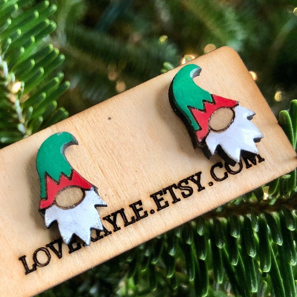 Gnome Christmas Stud Earrings, Mini Food, Nickel and Lead Free, Wood and Resin Handpainted Jewelry, Stocking Stuffer Gifts Her, Whimsical