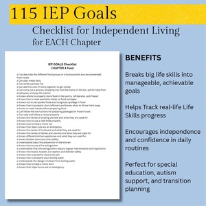 May include: A checklist titled "115 IEP Goals" for independent living, with a focus on food-related skills. The document lists goals like meal planning, grocery shopping, and kitchen safety, with benefits for special education and transition planning.