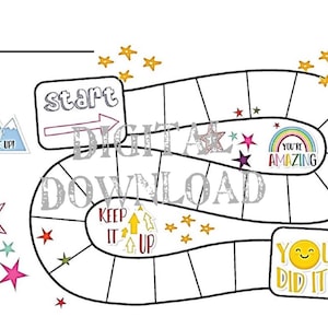 Puede incluir: Un juego de mesa imprimible con un diseño colorido. El tablero del juego tiene forma de pista con espacios para que los jugadores se muevan. El juego incluye frases motivacionales como "¡Nunca te rindas!" y "¡Eres increíble!"