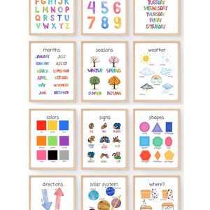 May include: Set of 12 colorful educational posters for kids featuring alphabet, numbers, days of the week, months, seasons, weather, colors, signs, shapes, directions, solar system, and where. Each poster has a different theme and includes illustrations and text.