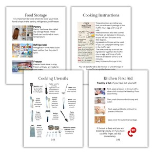 May include: Educational pages with cooking and first aid instructions. Includes food storage tips for pantry, refrigerator, and freezer. Also shows cooking instructions for corn muffins and kitchen utensil descriptions.