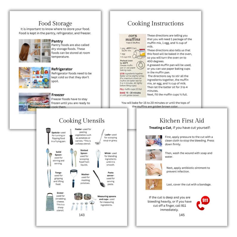 May include: Educational pages with cooking and first aid instructions. Includes food storage tips for pantry, refrigerator, and freezer. Also shows cooking instructions for corn muffins and kitchen utensil descriptions.
