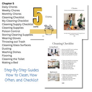 May include: A book spread with cleaning tips. The left page lists daily, weekly, and monthly chores, including a cleaning checklist. The right page shows a person mopping a floor. The book's title is "Step-By-Step Guides: How to Clean, How Often, and Checklist."