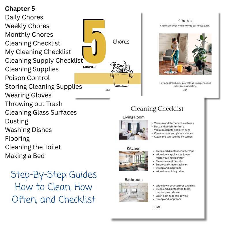 May include: A book spread with cleaning tips. The left page lists daily, weekly, and monthly chores, including a cleaning checklist. The right page shows a person mopping a floor. The book's title is "Step-By-Step Guides: How to Clean, How Often, and Checklist."