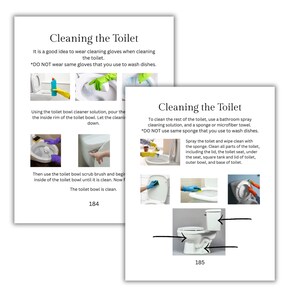 May include: Two-page guide titled "Cleaning the Toilet" with instructions and illustrations. The guide advises wearing gloves and using specific cleaning methods for the toilet bowl and other parts.