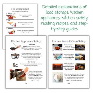May include: Educational pages on kitchen safety, fire extinguisher use, and appliance operation. Includes step-by-step guides on hot pans, can openers, and oven safety. Features diagrams and instructions for safe practices.