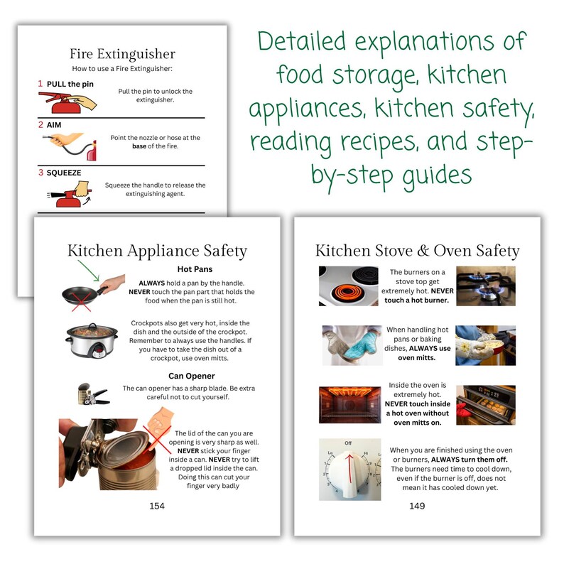May include: Educational pages on kitchen safety, fire extinguisher use, and appliance operation. Includes step-by-step guides on hot pans, can openers, and oven safety. Features diagrams and instructions for safe practices.