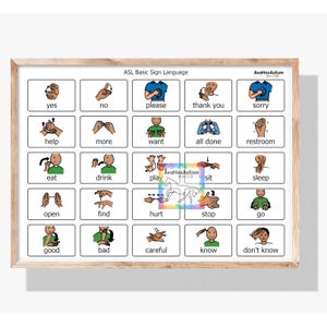 May include: A framed poster with the text "ASL Basic Sign Language" and "AvaHasAutism". The poster features 24 illustrated ASL signs, including "yes", "no", "please", and "thank you". The frame is light brown.
