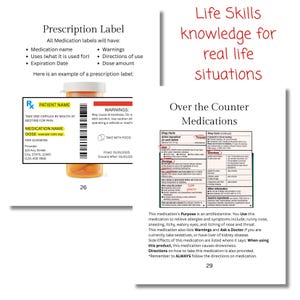 May include: Educational infographic about prescription labels and over-the-counter medications. The image includes examples of prescription labels, warnings, and directions. The text explains medication uses, side effects, and how to take them.