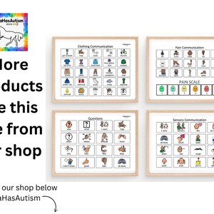 May include: Four printable communication boards with images and text. The boards are titled "Clothing Communication", "Pain Communication", "Questions", and "Sensory Communication".