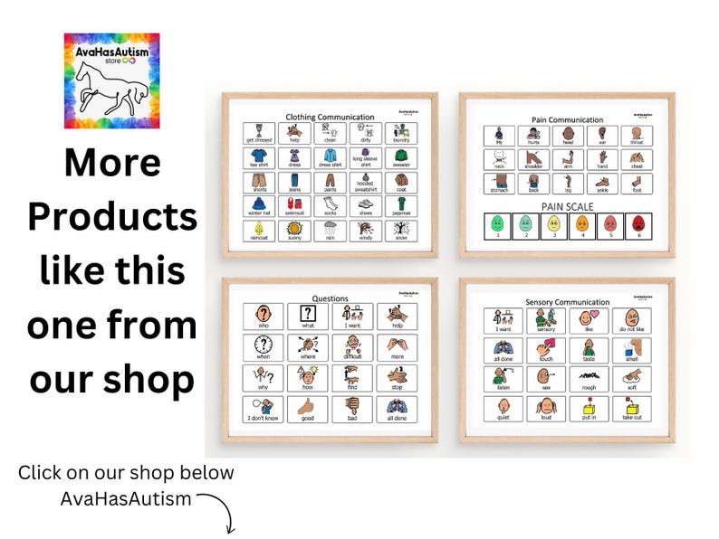 May include: Four printable communication boards with images and text. The boards are titled "Clothing Communication", "Pain Communication", "Questions", and "Sensory Communication".