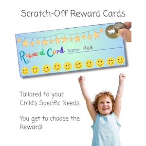May include: A reward card with the text "Reward Card" and the name "Ava". The card has a blue background with yellow stars and smiley faces. The text "Scratch-Off Reward Cards" is at the top.