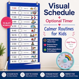 Może przedstawiać: Niebieski harmonogram wizualny dla dzieci z 13 przezroczystymi slotami, timerem i tekstem "Visual Schedule + Optional Timer". Zawiera przedziały czasowe dla różnych aktywności, promując spokojniejsze rutyny.