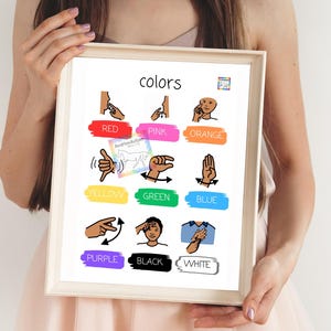 May include: A printable chart with illustrations of sign language hand gestures for different colors. The colors included are red, pink, orange, yellow, green, blue, purple, black, and white.