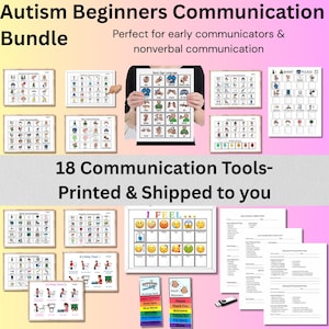 May include: A collection of communication tools for autism beginners. The bundle includes visual aids with images and text, such as basic sign language charts, emotion charts, and communication boards. The text on the image says "Autism Beginners Communication Bundle".