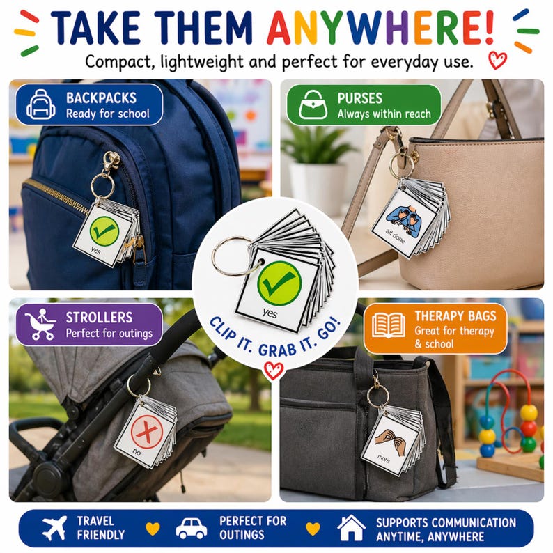 May include: A set of communication cards on a keyring, displayed on a backpack, purse, stroller, and therapy bag. Each card has a simple image and text, such as "yes," "no," "all done," and "more." The text "TAKE THEM ANYWHERE!" is at the top.