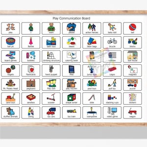 May include: A white communication board with a wooden frame. The board is divided into 36 squares, each containing a black and white illustration of a different toy or activity. The board is titled "Play Communication Board".