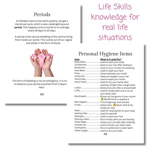 May include: Educational infographic about periods and personal hygiene. The image includes text explaining menstruation, a diagram of the female reproductive system, and a list of personal hygiene items with their uses.