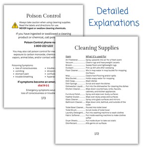 May include: Two-page document with text about poison control and cleaning supplies. The left page has a warning symbol and emergency contact information. The right page lists cleaning supplies and their uses.