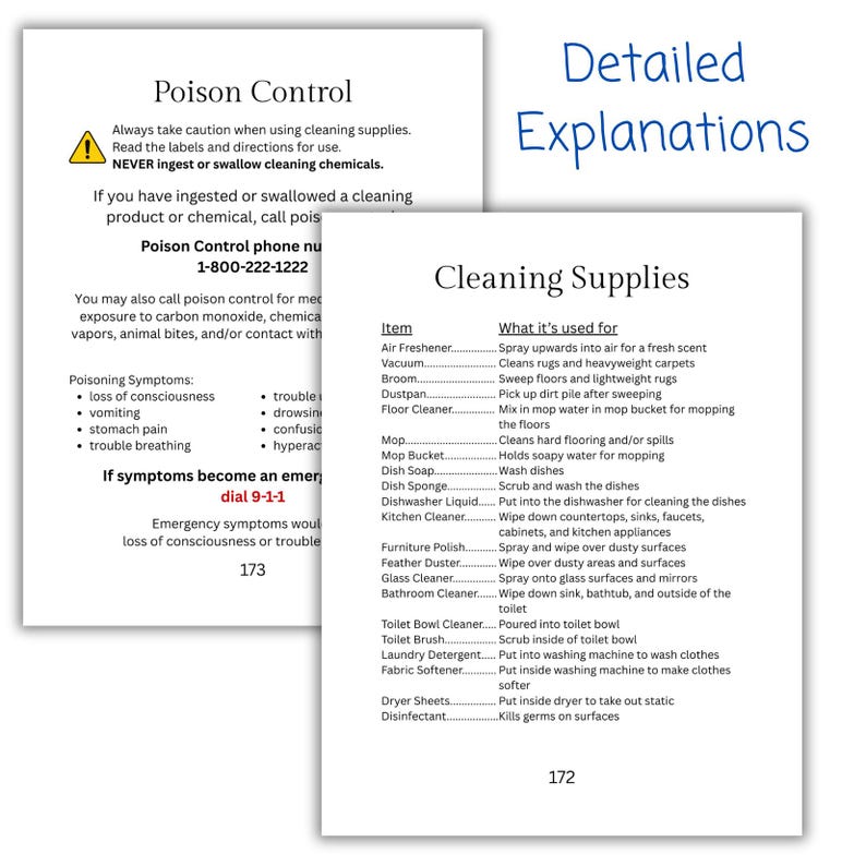 May include: Two-page document with text about poison control and cleaning supplies. The left page has a warning symbol and emergency contact information. The right page lists cleaning supplies and their uses.