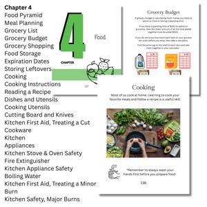 May include: A cookbook spread with the title "Chapter 4" and the topic "Food." The pages include topics like "Grocery Budget" and "Cooking." Images show food items and cooking instructions. The number "4" is prominently displayed.